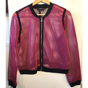 Womens Bomber Jacket PXL Pink Black Cropped Mesh Sheer Rave Club Edgy Stretch‎
